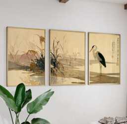 Crane Reed Pond Poster Set Of 3 Asian Watercolor Style Wall Art - thumbnail 1