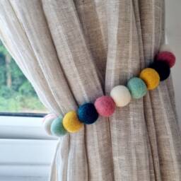 Curtain Pom Tie Backs - Boho Rainbow Felt Balls - thumbnail 2