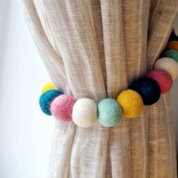 Curtain Pom Tie Backs - Boho Rainbow Felt Balls - thumbnail 1