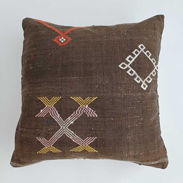 Moroccan Cactus Silk Cushion Cover, Handmade Charcoal Brown Sabra Throw Pillow, Scatter 20''x20''/50x50 cm - image 1