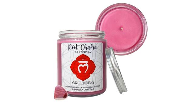 Root Chakra Candle Jar Cedarwood Blanc Scent, Red Jasper Crystal - image 1
