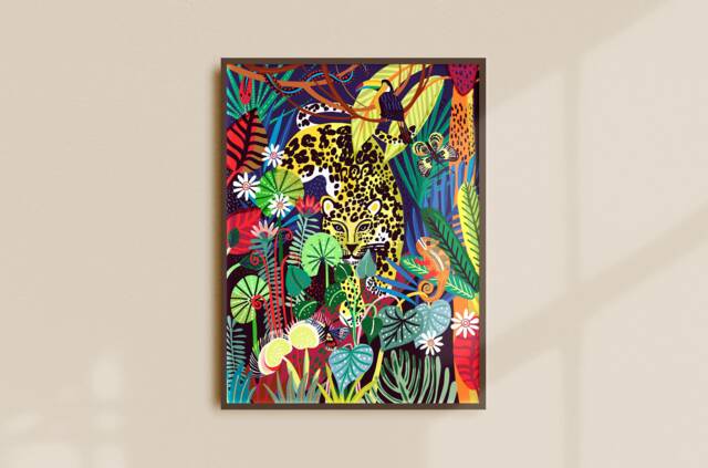 Colorful Jaguar Jungle Art Print - Tropical Rainforest Illustration - image 1