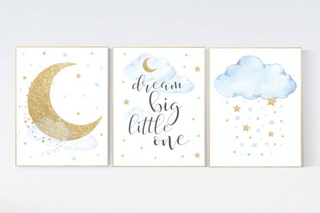 Blue & Gold Nursery Decor Cloud & Stars Wall Art Print - image 1