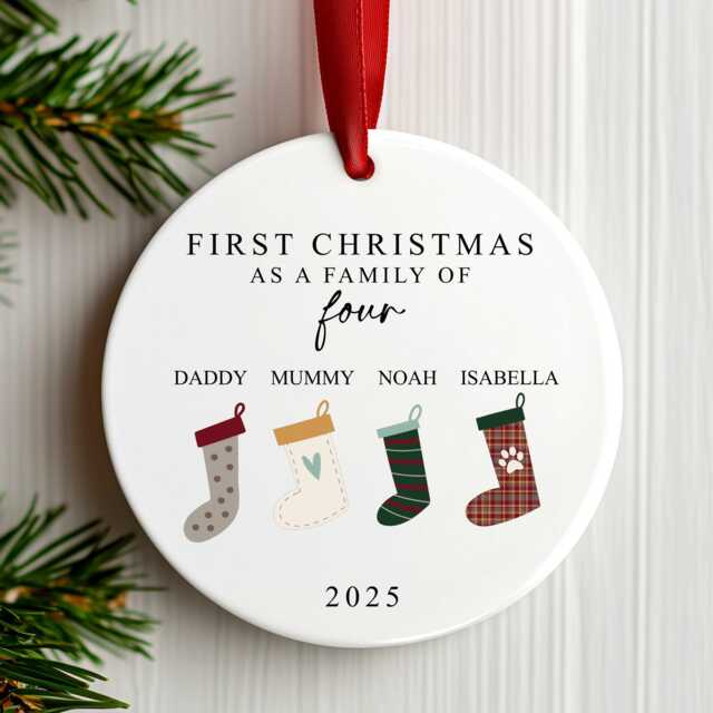 First Christmas As A Family Of Four Bauble - Ceramic Stockings 4 Ornament Decoration Personalised Names Gift - image 1