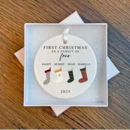First Christmas As A Family Of Four Bauble - Ceramic Stockings 4 Ornament Decoration Personalised Names Gift - thumbnail 3