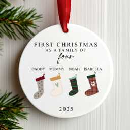 First Christmas As A Family Of Four Bauble - Ceramic Stockings 4 Ornament Decoration Personalised Names Gift - thumbnail 1