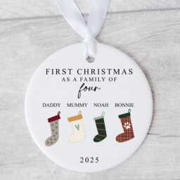 First Christmas As A Family Of Four Bauble - Ceramic Stockings 4 Ornament Decoration Personalised Names Gift - thumbnail 2