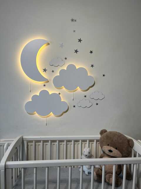 Crescent & 2 Cloud Wall Light, Nursery Nightlight, Wooden Lamp, Baby Room Decor, Shower Gift - image 1