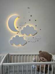 Crescent & 2 Cloud Wall Light, Nursery Nightlight, Wooden Lamp, Baby Room Decor, Shower Gift - thumbnail 1
