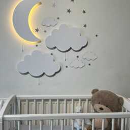 Crescent & 2 Cloud Wall Light, Nursery Nightlight, Wooden Lamp, Baby Room Decor, Shower Gift - thumbnail 2