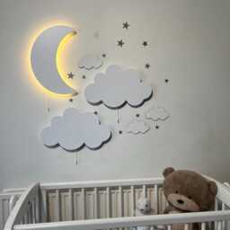 Crescent & 2 Cloud Wall Light, Nursery Nightlight, Wooden Lamp, Baby Room Decor, Shower Gift - thumbnail 3