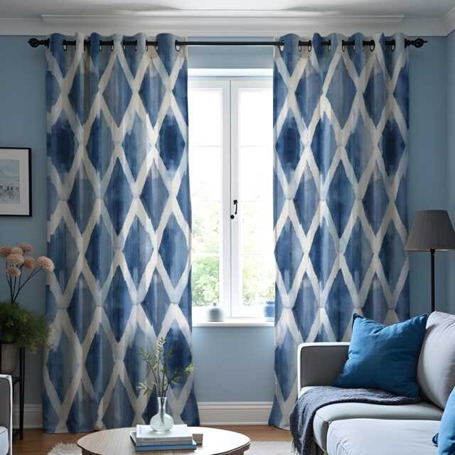 Blue Geometric Pattern Curtains, Watercolor Drapes, Modern Coastal Style Window Panels - image 1