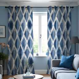 Blue Geometric Pattern Curtains, Watercolor Drapes, Modern Coastal Style Window Panels - thumbnail 1