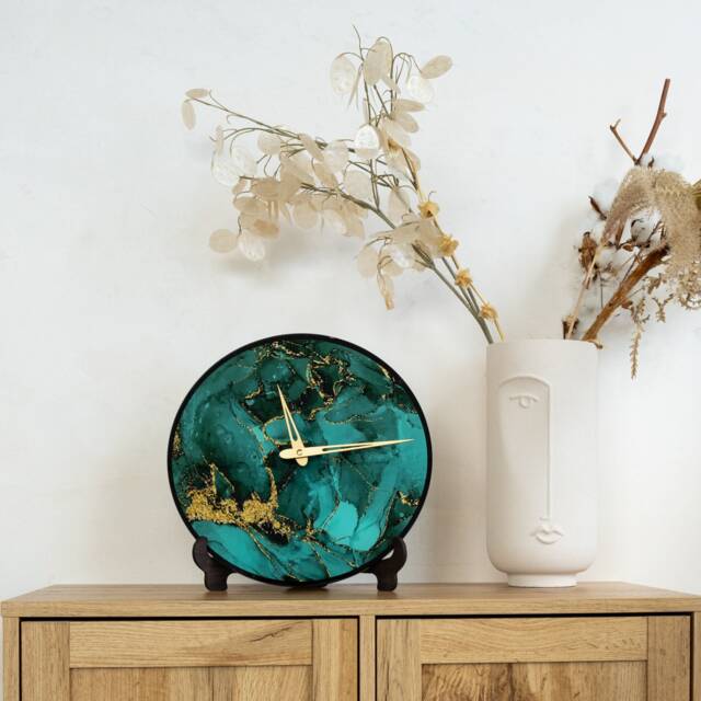 Marble Wall Clock, Green Gold Marble Turquoise Luxury Large Clock Unique, Modern Oversized - image 1