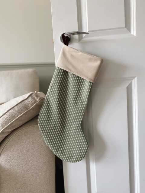 Pre-Order Sage Green Stripe Christmas Stocking, Luxury Velvet Lined Decorative Holiday 3 Lining Colour Options - image 1