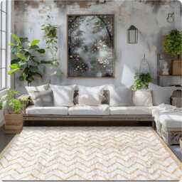 White Moroccan Zigzag Rug, Yellow Shag Custom Made Carpet, Large Area Berber Rug - thumbnail 4