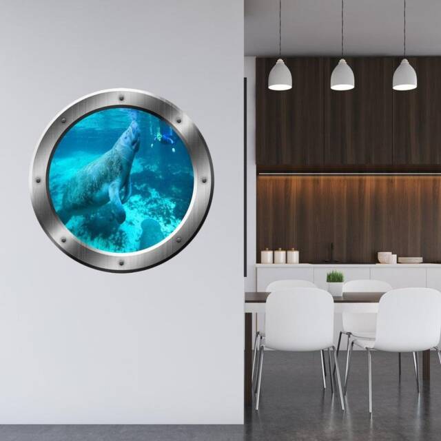 Underwater Manatee 3D Porthole Wall Art Decal Peel & Stick Ocean View Window Silver Portal - Vwaq Sp25 - image 1