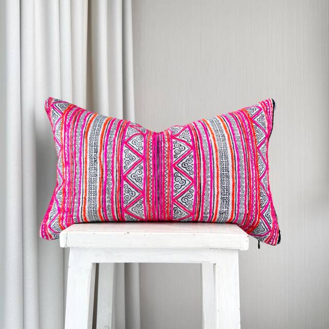 Hmong Pillow Cover Hand Block Print Hemp Throw - 12x20 - image 1