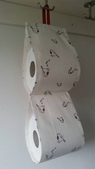 Decorative Toilet Paper Holder For 2 Rolls. Door Hanger. Double Holder. Beige Fabric Cotton With Birds - image 1