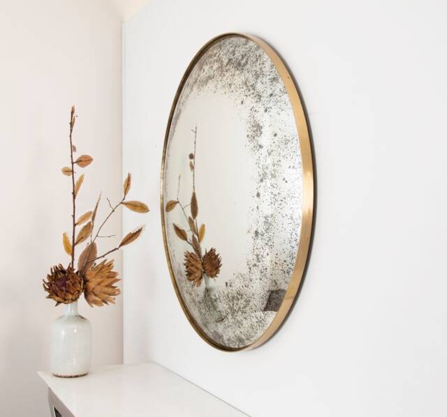 Handcrafted Antiqued Convex Wall Mirror Brushed Brass Frame, Space Age Decor - image 1