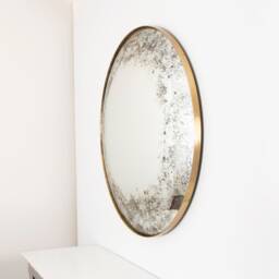 Handcrafted Antiqued Convex Wall Mirror Brushed Brass Frame, Space Age Decor - thumbnail 2