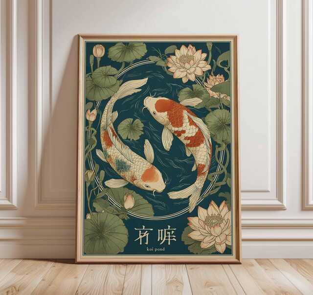 Japanese Koi Fish Print, Oriental Zen Wall Art, Lotus Pond