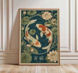 Japanese Koi Fish Print, Oriental Zen Wall Art, Lotus Pond - thumbnail 1