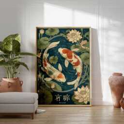 Japanese Koi Fish Print, Oriental Zen Wall Art, Lotus Pond - thumbnail 4