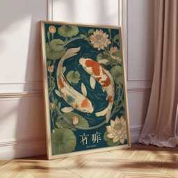 Japanese Koi Fish Print, Oriental Zen Wall Art, Lotus Pond - thumbnail 2