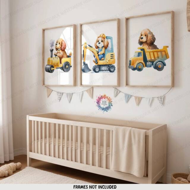 Dog Construction Wall Art - Set Of 3 Kids Posters - Digger Prints Truck Poster Kid Spaniel Print Nursery Transport Decor Boys Girls - image 1