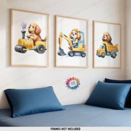 Dog Construction Wall Art - Set Of 3 Kids Posters - Digger Prints Truck Poster Kid Spaniel Print Nursery Transport Decor Boys Girls - thumbnail 2