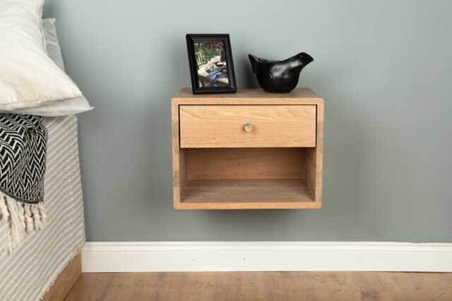 Floating Nightstand With Drawer & Open Shelf in Solid Oak - Wall Mounted - image 1