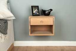 Floating Nightstand With Drawer & Open Shelf in Solid Oak - Wall Mounted