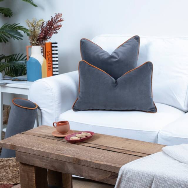 Gray Velvet Pillow Cover With Piping Custom Designer Throw - image 1