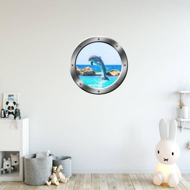 Fake Window 3D Porthole Dolphin Ocean Wall Decal Peel & Stick Mural Porpoise Silver Art Portal Sp30 - image 1