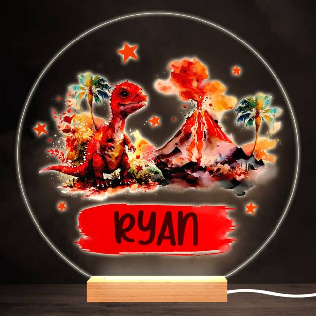Dinosaur Volcano Boy Dino Red Colourful Round Personalised Gift Lamp Night Light - Bedroom - image 1