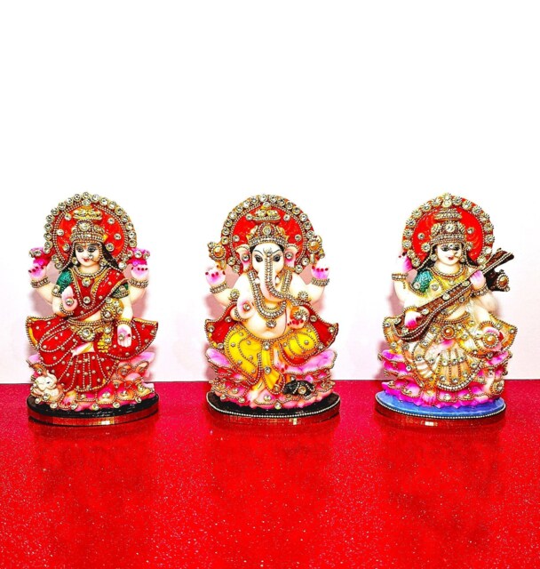 Rare Lord Ganesh , Goddess Lakshmi/Laxmi Saraswati Stone Decorated Statue Set - image 1