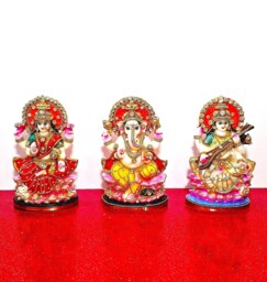Rare Lord Ganesh , Goddess Lakshmi/Laxmi Saraswati Stone Decorated Statue Set - thumbnail 1