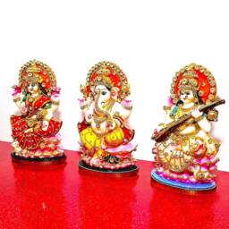 Rare Lord Ganesh , Goddess Lakshmi/Laxmi Saraswati Stone Decorated Statue Set - thumbnail 3