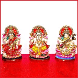 Rare Lord Ganesh , Goddess Lakshmi/Laxmi Saraswati Stone Decorated Statue Set - thumbnail 2