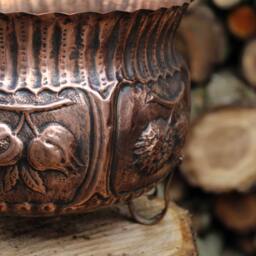 Round Copper Vase With Feet, Hand-Chiseled Fruit - thumbnail 3