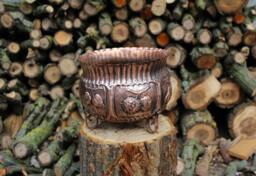 Round Copper Vase With Feet, Hand-Chiseled Fruit - thumbnail 1