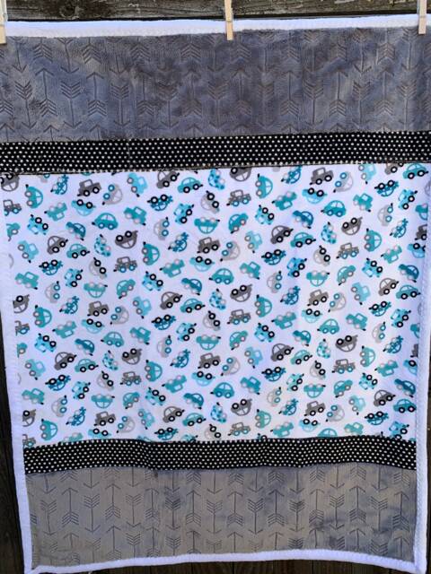Handmade Modern Baby Minky Blanket Gray, Black & White Polka Dot, Turquoise Cars - image 1