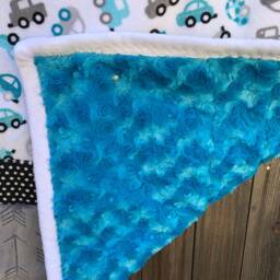 Handmade Modern Baby Minky Blanket Gray, Black & White Polka Dot, Turquoise Cars - thumbnail 4