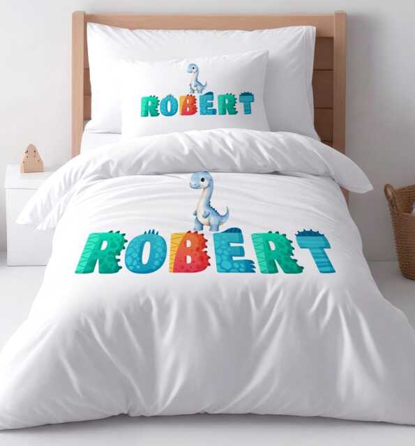 Colourful Dino Duvet Cover Pillow Set Personalised Kids Unisex Nursery Bedding - image 1