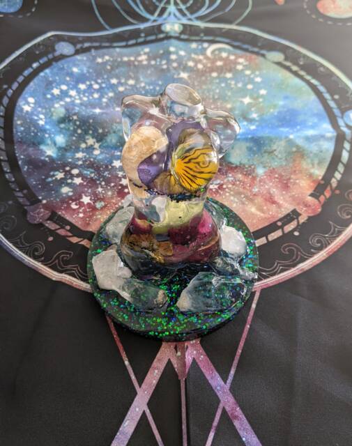 Resin Female Figure On Quartz Point Crystal Stand With Dried Viola, Celosia, Mistflower, Rose Petals, Chalcopyrite, & Rutilated - image 1