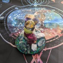 Resin Female Figure On Quartz Point Crystal Stand With Dried Viola, Celosia, Mistflower, Rose Petals, Chalcopyrite, & Rutilated - thumbnail 4