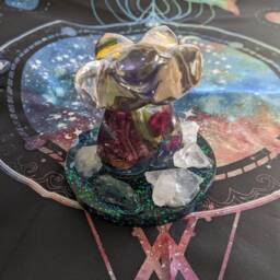 Resin Female Figure On Quartz Point Crystal Stand With Dried Viola, Celosia, Mistflower, Rose Petals, Chalcopyrite, & Rutilated - thumbnail 3