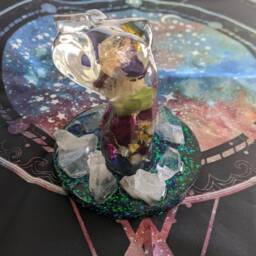 Resin Female Figure On Quartz Point Crystal Stand With Dried Viola, Celosia, Mistflower, Rose Petals, Chalcopyrite, & Rutilated - thumbnail 2