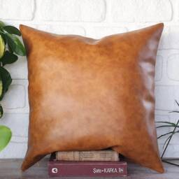 Camel Faux Leather & Linen Pillow Cover Set - 18x18 - thumbnail 3